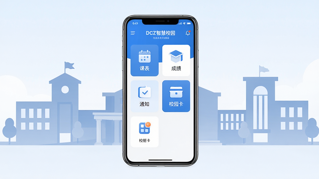 DCZ智慧校园应用主界面展示图,画面中央是一部智能手机,屏幕上显示蓝色与白色为主的校园服务界面,包含课表、成绩、通知、校园卡等图标模块,背景为简洁的校园建筑剪影,整体风格清新现代,布局居中对称,画质清晰干净,无多余元素