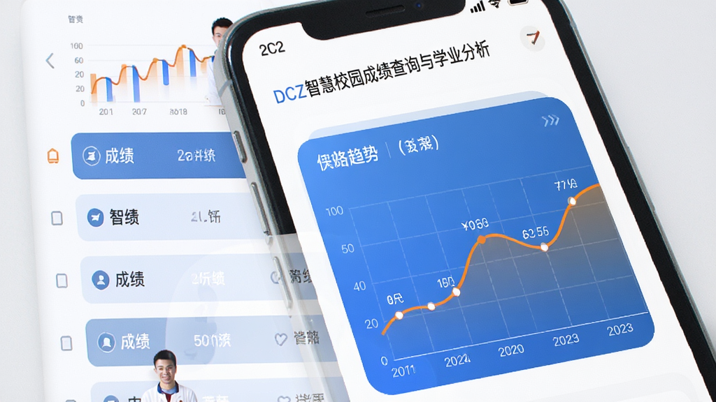 DCZ智慧校园成绩查询与学业分析界面,手机屏幕展示成绩列表与折线趋势图,图表颜色为蓝色与橙色,界面背景为白色,风格素雅极简,布局清晰,画质干净,无多余装饰