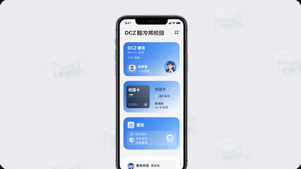 DCZ智慧校园一站式服务聚合界面,手机屏幕展示多个功能卡片整齐排列,包含课表卡片、成绩卡片、校园卡卡片、通知卡片等,卡片圆角设计,配色以蓝白渐变为主,背景为淡灰色,风格简约商务,画面干净清晰,居中构图