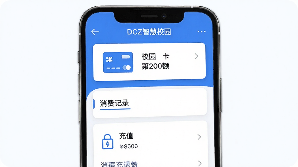 DCZ智慧校园校园卡管理功能展示,手机屏幕显示校园卡余额界面与消费记录列表,界面以蓝色为主色调,搭配白色卡片,画面中包含校园卡图标与充值按钮,风格清新浅色,布局上下结构,画质清晰,无杂乱元素
