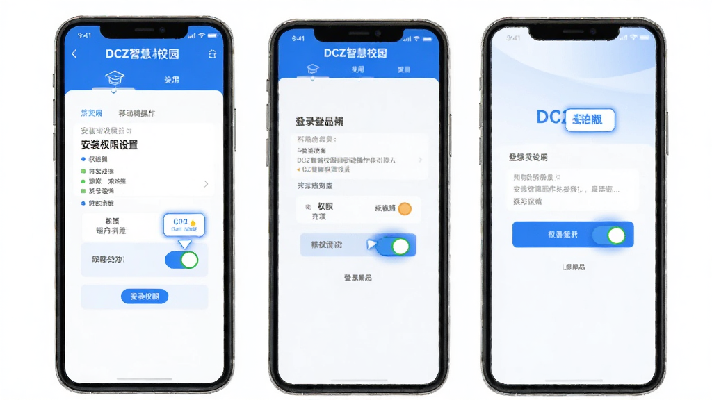 DCZ智慧校园移动端操作引导图,手机屏幕展示安装权限设置界面与登录页面,界面清晰标注权限开关位置,配色为蓝色与白色,风格简洁实用,布局上下结构,画质干净,无多余元素
