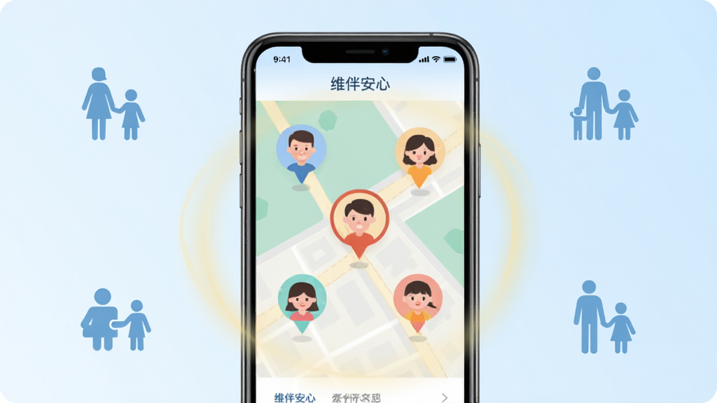画面中央一部智能手机展示维伴安心应用界面,地图上显示多个家人头像定位标记,周围环绕柔和光晕。背景为淡蓝色渐变,点缀家庭剪影图标。整体风格清新简洁,扁平化设计,画质清晰,干净无多余元素。