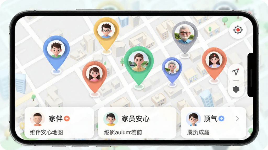 手机屏幕显示维伴安心地图界面,多个彩色定位大头针分别标注不同家庭成员头像,底部有成员列表卡片。背景为城市街道简笔地图,风格明快现代,画质细腻,干净无杂乱元素。