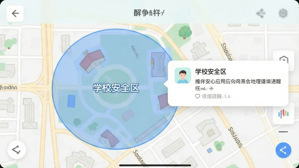 维伴安心应用界面展示地理围栏设置页面,地图上有一个半透明蓝色圆形区域,标注“学校安全区”,旁边弹出通知提醒卡片。界面风格柔和清新,画质清晰,无多余装饰。