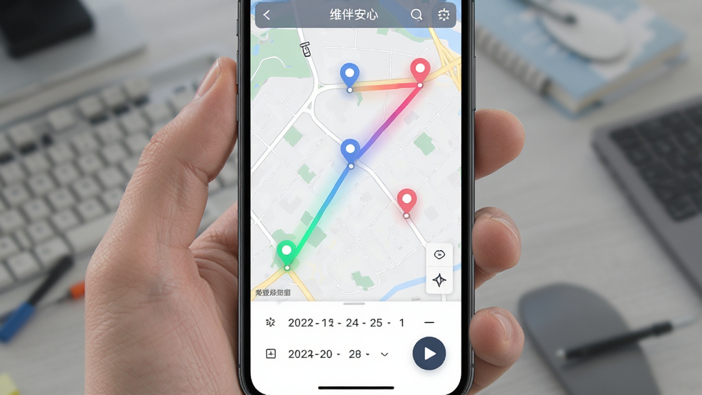 手机屏幕显示维伴安心历史轨迹回放界面,地图上一条彩色渐变线条连接多个时间节点标记,底部有日期选择器和播放按钮。风格简约商务,画质干净,无杂乱元素。