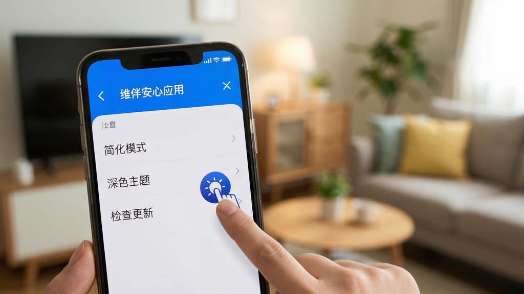 维伴安心应用在手机屏幕上展示设置菜单,包含“简化模式”“深色主题”“检查更新”等选项,旁边有手指点击图标。背景为居家环境虚化,风格生活化,画质清晰,干净无多余元素。