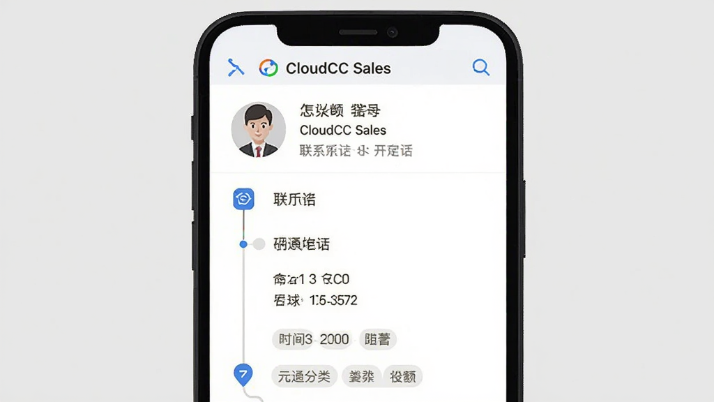 一部手机屏幕显示 CloudCC Sales 客户详情页面,画面中包含头像、联系电话、沟通时间轴和标签分类,背景为浅灰色,主体是手机界面,布局为纵向排列,风格简洁商务,细节有清晰的文字与图标,画质高清,干净,无多余元素