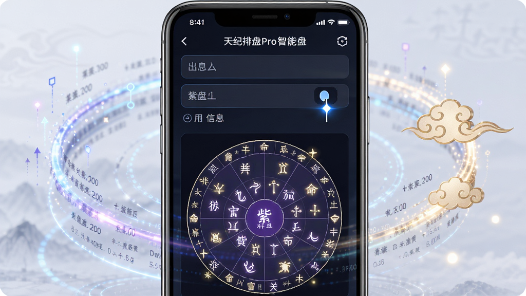 天纪排盘Pro智能排盘功能界面,画面展示手机屏幕中用户输入出生信息后,系统自动生成紫微斗数命盘的过程,屏幕上方是输入框区域,下方是命盘预览,周围环绕数据流与光效,体现智能计算感,布局为上下结构,风格科技感与国学风融合,细节上输入框有光标闪烁,命盘星曜逐一亮起,画质高清,画面干净,无多余元素