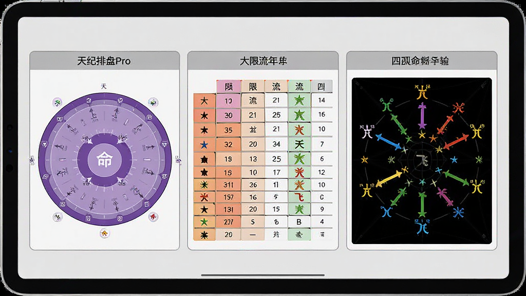 天纪排盘Pro多维度命盘解读界面,画面展示平板电脑屏幕中同时呈现紫微命盘、大限流年表格和四化飞星图,三个模块并排排列,每个模块有独立边框和标题,背景是浅灰色,布局为三栏并列,风格简约商务,细节上表格线条清晰,星曜颜色区分明显,画质高清,画面干净,无多余元素