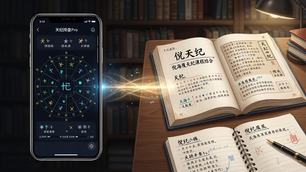 天纪排盘Pro与倪海厦天纪课程结合展示,画面左侧是手机屏幕显示排盘结果,右侧是摊开的天纪书籍与笔记,两者之间用光线连接,背景是书房场景,布局为左右对比,风格写实与插画结合,细节上书籍页面有文字标注,手机屏幕星曜清晰,画质高清,画面干净,无多余元素