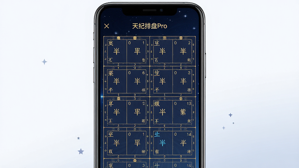 天纪排盘Pro软件主界面展示,画面中央是手机屏幕,屏幕内显示紫微斗数排盘结果,十二宫格布局清晰,每个宫位内有星曜名称和数字,背景是深蓝色星空渐变,界面风格古典雅致,主色调为深蓝与金色,排版居中对称,风格为国学古典与现代扁平化结合,细节上星曜文字清晰锐利,宫格线条细腻,画质高清干净,无多余元素