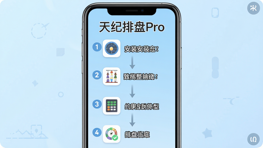 天纪排盘Pro新手操作流程图,画面以手机屏幕为载体,分步骤展示从安装到排盘的完整流程,每一步用数字标号,顶部有“天纪排盘Pro”文字标题,背景是浅蓝色渐变,布局为纵向流程排列,风格清新扁平化,细节上步骤图标简洁明了,文字清晰可读,画质高清,画面干净,无多余元素