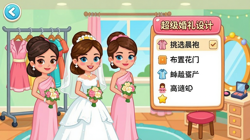 卡通风格的任务界面截图,画面中一位新娘和两位伴娘站在婚礼准备间,旁边有任务清单浮窗显示“挑选晨袍”“布置花门”等条目,背景有衣架和化妆台,整体风格为活泼明快的矢量插画,色彩鲜艳,画质干净,画面中带有文字“超级婚礼设计”