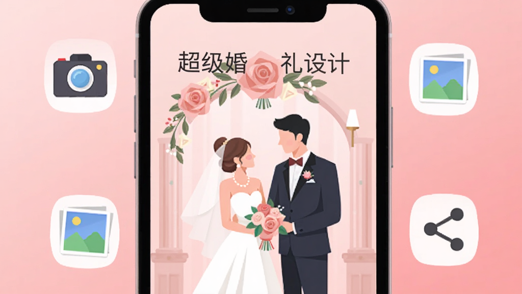 一部智能手机屏幕中显示着精美的婚礼场景,屏幕周围环绕着相机图标、相册图标和分享图标,背景是柔和的粉色渐变,整体风格为现代扁平化插画,画面中带有文字“超级婚礼设计”,画质清晰,无多余元素