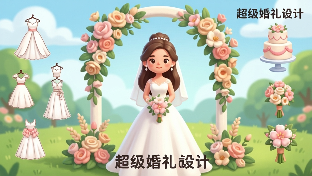 一幅充满浪漫气息的婚礼主题数字插画,画面中央是一位穿着白色婚纱的新娘站在花拱门下,周围环绕着粉色与香槟色的鲜花装饰,背景是柔和的户外草坪与蓝天白云,画面左侧漂浮着几套不同款式的婚纱图标,右侧展示着婚礼蛋糕与捧花元素,整体风格为清新唯美的卡通渲染,色彩明亮柔和,画质清晰干净,无多余杂乱元素,画面中可加入文字“超级婚礼设计”作为标题点缀