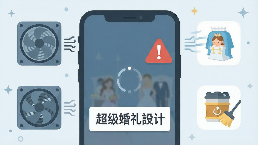 一张手机屏幕显示超级婚礼设计游戏界面出现卡顿提示的示意图,画面中有加载圆圈和感叹号图标,旁边有手机散热风扇和清理内存的图标,整体风格为扁平化信息图,色彩以蓝灰为主,画质清晰,画面中带有文字“超级婚礼设计”
