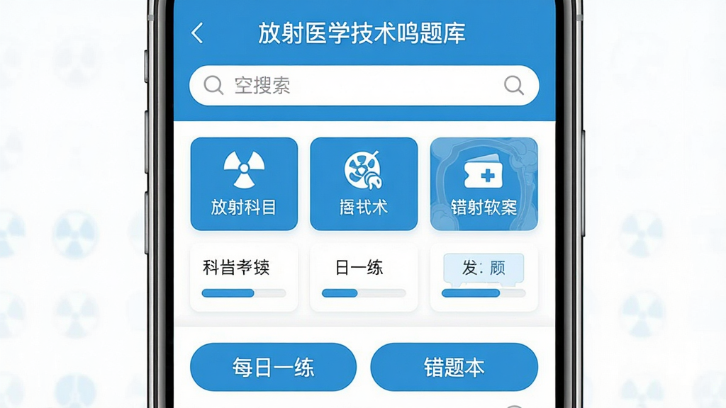 一张手机屏幕展示放射医学技术鸣题库APP首页界面,主体为手机正视图居中放置,布局上方是放射医学技术鸣题库软件名称与搜索框,中间是各类考试科目分类入口,下方是每日一练与错题本按钮,排版整齐清晰,风格为清新医疗蓝白配色,细节包含放射医学相关图标、进度条、答题卡元素,画质高清,干净,无多余元素