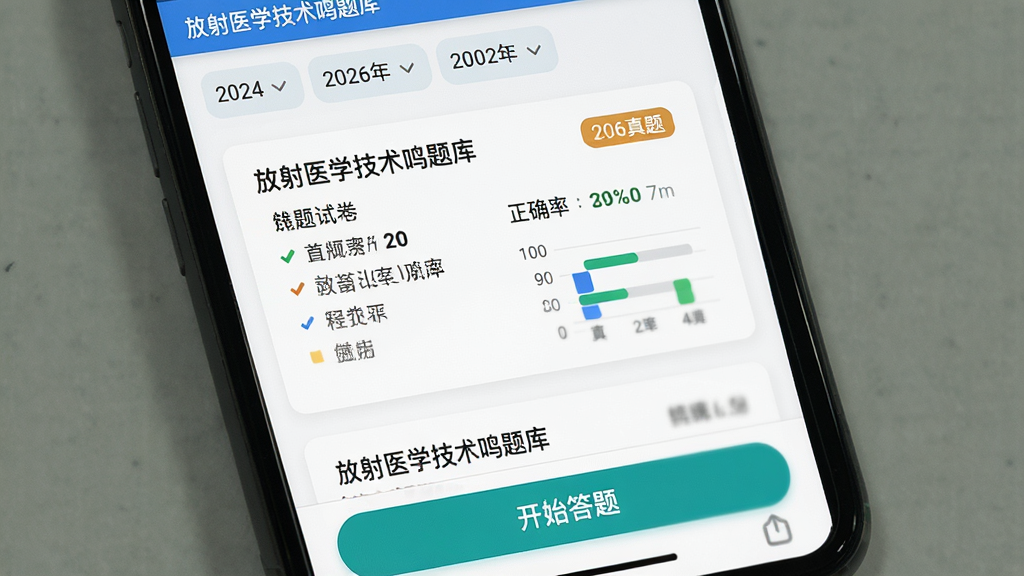 一张手机截图展示放射医学技术鸣题库的历年真题列表页,主体为手机界面,布局顶部是年份筛选标签,中间是真题试卷卡片列表,底部是开始答题按钮,排版规整,风格为考试刷题类应用典型设计,细节包含放射医学技术鸣题库字样、206真题标签、正确率统计图表,画质高清,干净,无多余元素