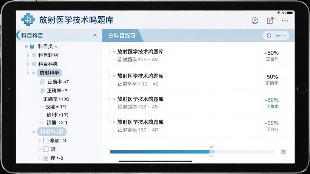 一个平板电脑屏幕展示放射医学技术鸣题库的分科目练习界面,主体为平板正视图,布局左侧是科目分类树状菜单,右侧是题目列表与答题进度条,排版清晰有层次,风格为简约学术风,细节包含放射医学技术鸣题库logo、各类考试科目名称、正确率百分比数字,画质高清,干净,无多余元素