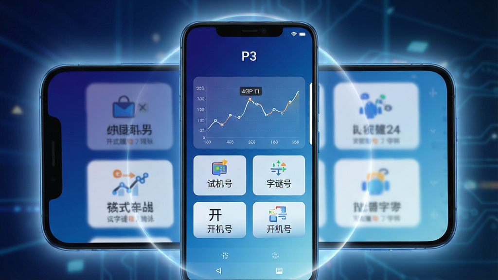 一张展示安卓手机屏幕的图片,屏幕中央显示P3应用主界面,界面顶部有“P3”标题,下方排列走势图、试机号、字谜、开机号等功能卡片,背景为深蓝到浅蓝渐变,手机周围有轻微光晕效果,整体风格简洁科技感,画面干净无多余元素,高清画质