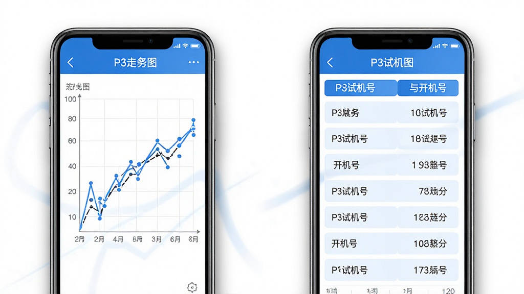 一张手机应用界面展示图,画面中并排展示两个手机屏幕,左侧屏幕显示P3走势图带连线图,右侧屏幕显示P3试机号与开机号列表,界面配色以蓝白为主,图表线条清晰,手机周围有轻微阴影和光效,整体风格专业简洁,画面干净无杂乱元素,高清画质