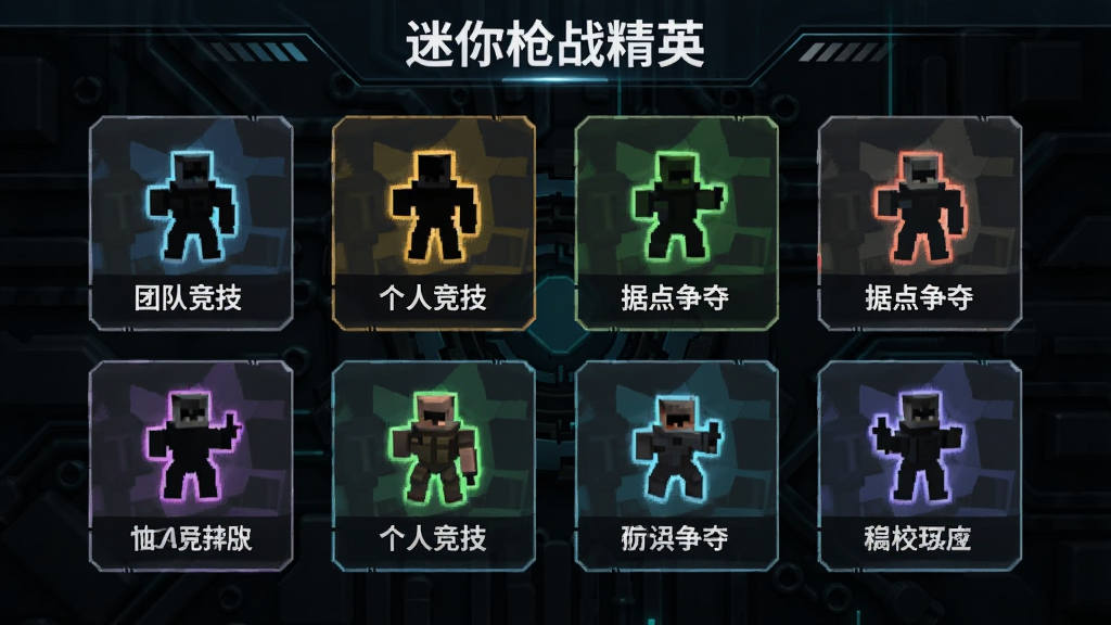 画面展示“迷你枪战精英”的模式选择界面,多个模式图标以卡片形式排列,包括团队竞技、个人竞技、据点争夺等,卡片上有对应的方块角色剪影与模式名称,背景为深色科技纹理,整体排版整齐,风格统一,画质清晰,无杂乱元素。