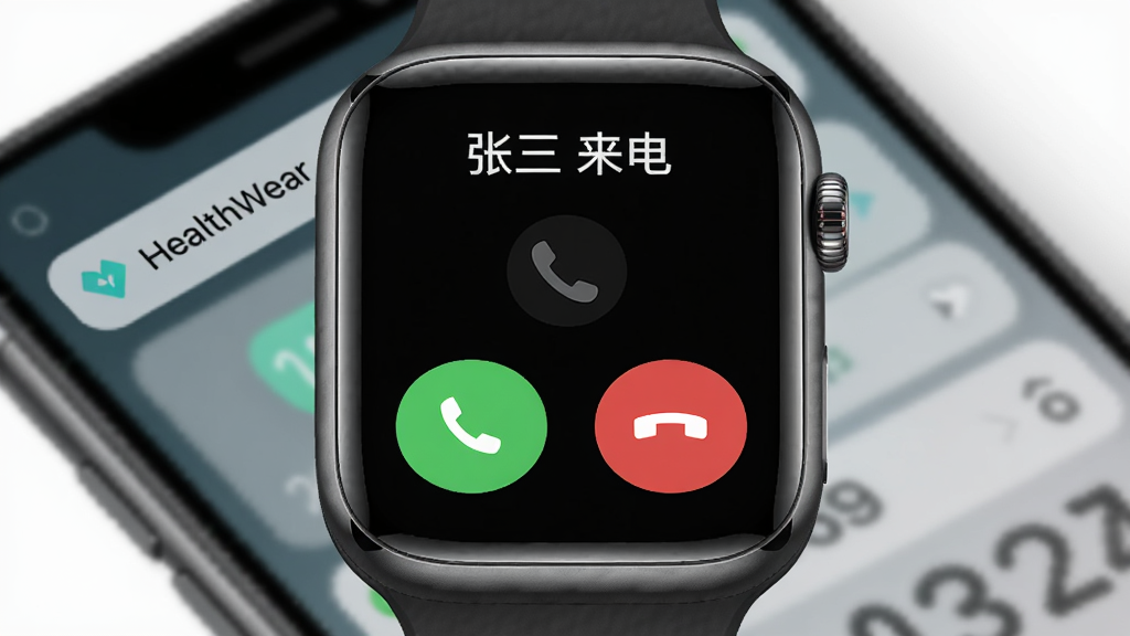 主体为一只智能手表显示来电界面,屏幕上有一个绿色接听按钮和红色挂断按钮,以及“张三 来电”字样;布局为手表正面特写,背景为虚化的手机屏幕;排版居中;风格为产品展示图;细节包括手表表盘纹理、按钮高光、手机界面模糊可见“HealthWear”通知;画质高清,画面干净,无多余元素。