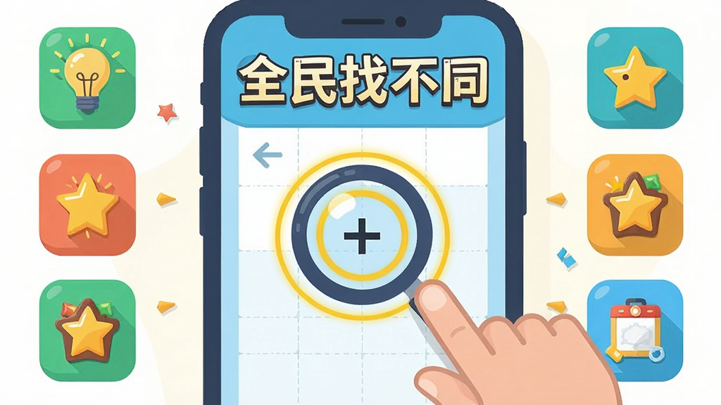 一幅展示手机找茬游戏中提示道具使用的插画,画面中一只手指点击屏幕上的放大镜图标,图片中一个差异点被高亮圈出,屏幕上方显示