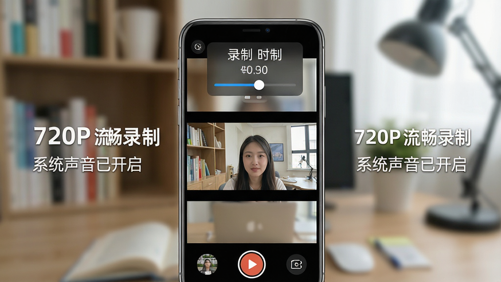 手机录屏使用技巧示意图,画面中一部手机正在录制在线课程,屏幕上方有悬浮窗显示录制时长,旁边有文字标注“720P 流畅录制”和“系统声音已开启”,背景为书房环境,布局采用手机居中、文字环绕,风格为写实教学风,细节包括手机屏幕的课程画面和悬浮窗的按钮细节,画质清晰干净,无多余元素