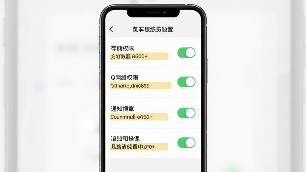 汽车教练员题库APP安装设置界面,主体为手机屏幕显示权限设置页面,布局为上下排列的选项列表,排版清晰,风格为扁平化设计,细节包含存储权限、网络权限、通知权限等开关按钮和高亮提示文字,画质干净无多余元素