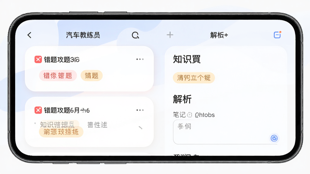汽车教练员题库APP错题本功能界面,主体为手机屏幕展示错题列表和解析,布局为卡片式排列,排版层次分明,风格为柔和圆角设计,细节包含红色错题标记、知识点标签和笔记输入框,画质高清干净无多余元素