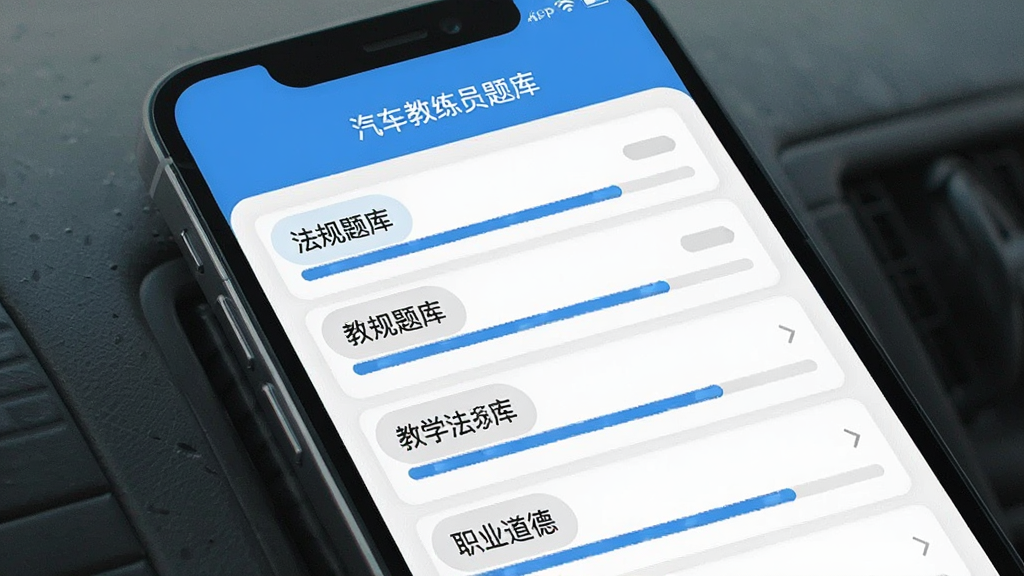 汽车教练员题库APP题库列表页面,主体为手机屏幕显示分类题库,布局为上下结构上方标题下方列表,排版整齐,风格为清新简约风,细节包含法规题库、教学法题库、职业道德题库等分类标签和进度条,画质清晰干净无多余元素