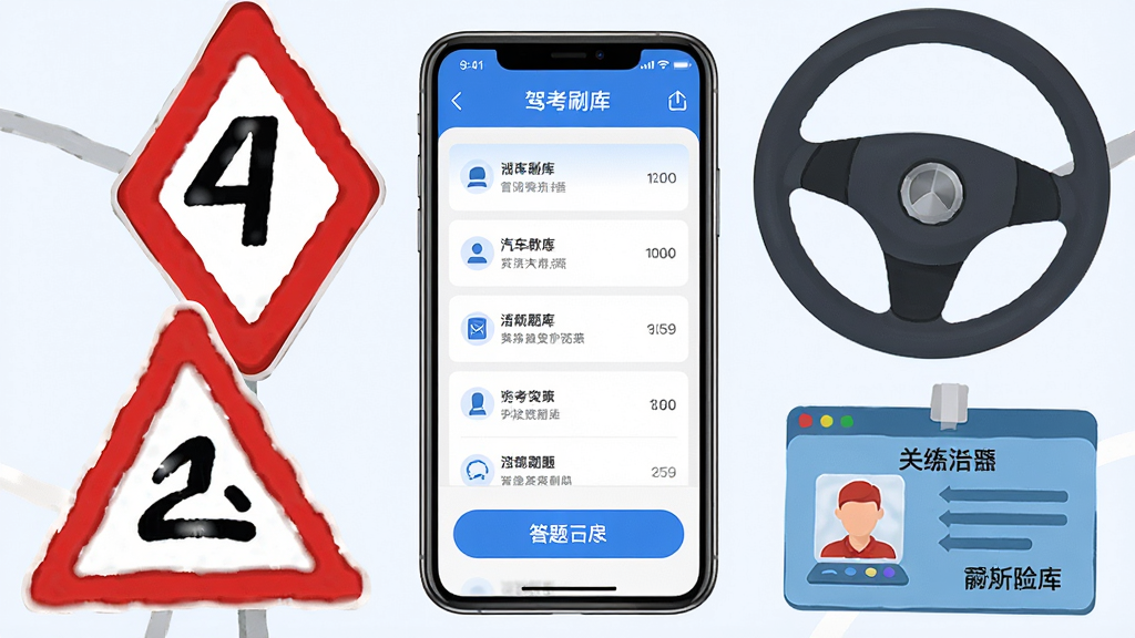 汽车教练员题库APP界面展示,主体为一部智能手机屏幕显示驾考刷题界面,布局采用中心构图,手机周围环绕交通标志、方向盘、驾驶证等元素,排版简洁清晰,风格为扁平化科技风,细节包含蓝色主色调、题库列表和答题卡按钮,画质高清干净无多余元素