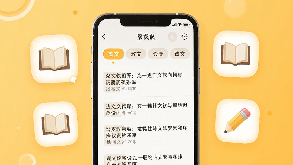 一张展示写作文软件素材库界面的图片,画面中手机屏幕显示分类标签和范文列表,屏幕旁边漂浮着书本和铅笔的图标,背景为暖黄色调,风格温馨学习氛围,画质清晰,干净无多余元素