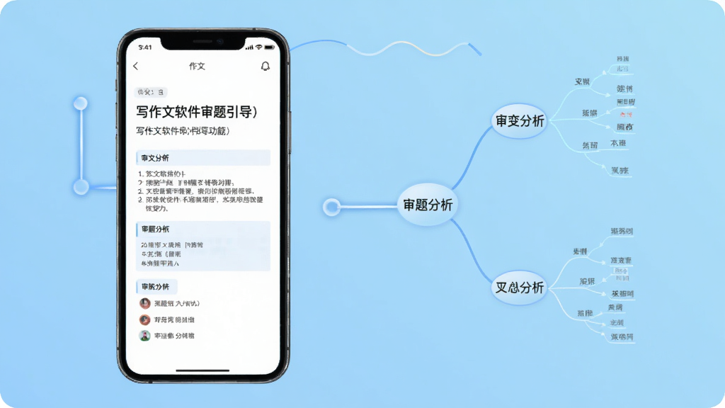 一张展示写作文软件审题引导功能的图片,画面中手机屏幕显示作文题目和审题分析结果,旁边有思维导图式的线条连接关键词,背景为浅蓝色渐变,风格简洁科技感,画质清晰,干净无多余元素