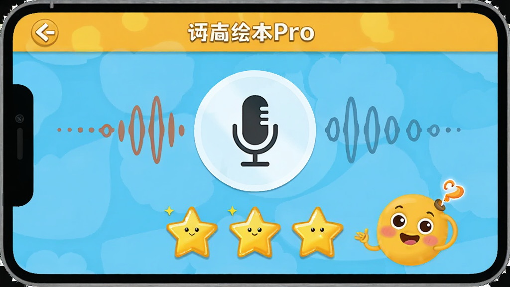 有声英语绘本Pro跟读评分界面,屏幕中央显示麦克风图标和声波,下方有三颗金色星星评分,旁边有卡通表情鼓励,界面配色活泼明快,风格童趣,画质清晰干净,无多余元素