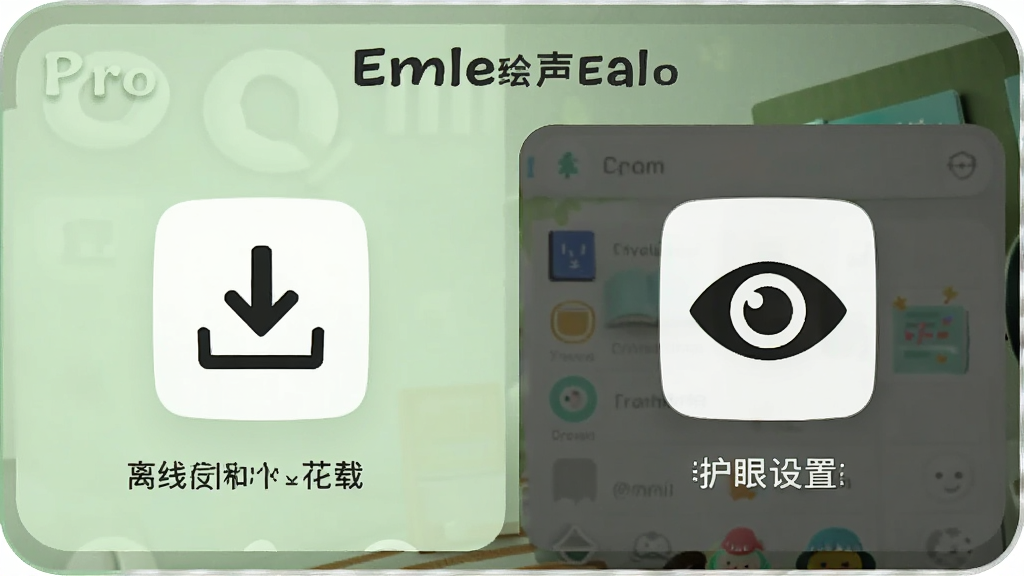展示有声英语绘本Pro的离线下载和护眼设置界面,画面中有下载箭头图标和眼睛保护图标,背景为淡绿色护眼色调,界面布局清晰,风格简约清新,画质干净,无多余元素