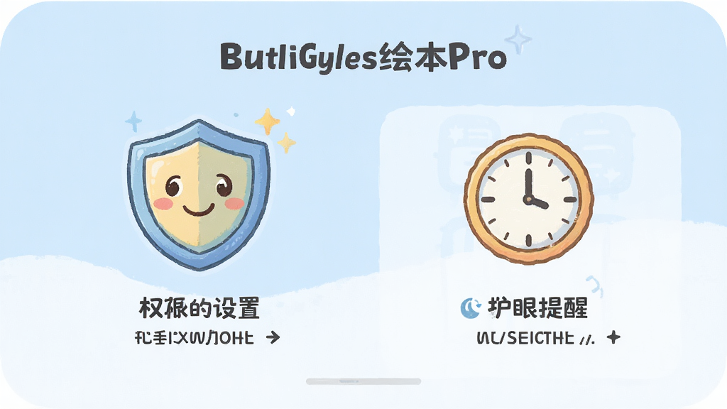 有声英语绘本Pro在新手引导界面展示权限设置和护眼提醒,画面中有卡通盾牌图标代表安全,时钟图标代表休息提醒,背景为柔和的蓝白配色,风格简洁友好,画质清晰干净,无多余元素
