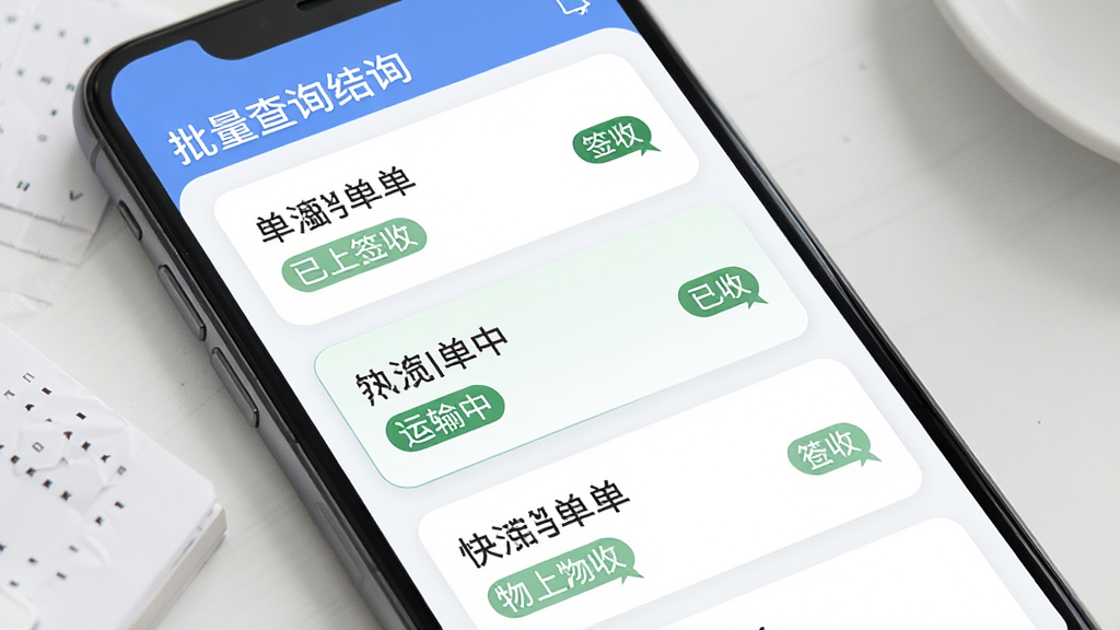 掌上物流查询批量查询结果列表界面,手机屏幕显示多个快递单号及对应物流状态标签,部分显示已签收、运输中、待揽收等状态,界面采用卡片式布局,配色柔和,信息层级分明,画面干净,高画质