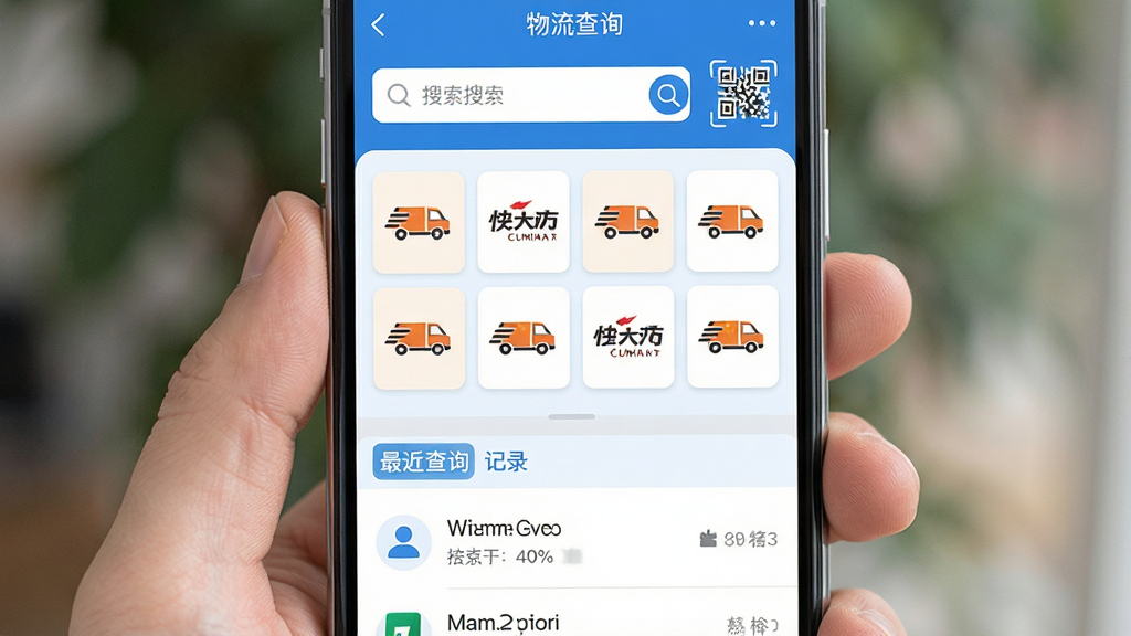 手机屏幕中央展示掌上物流查询软件主界面,上方为搜索框与扫码入口,中部为快递公司图标网格布局,下方为最近查询记录列表,整体采用蓝白清爽配色,扁平化UI风格,画面干净明亮,细节清晰可见,高画质,无多余元素