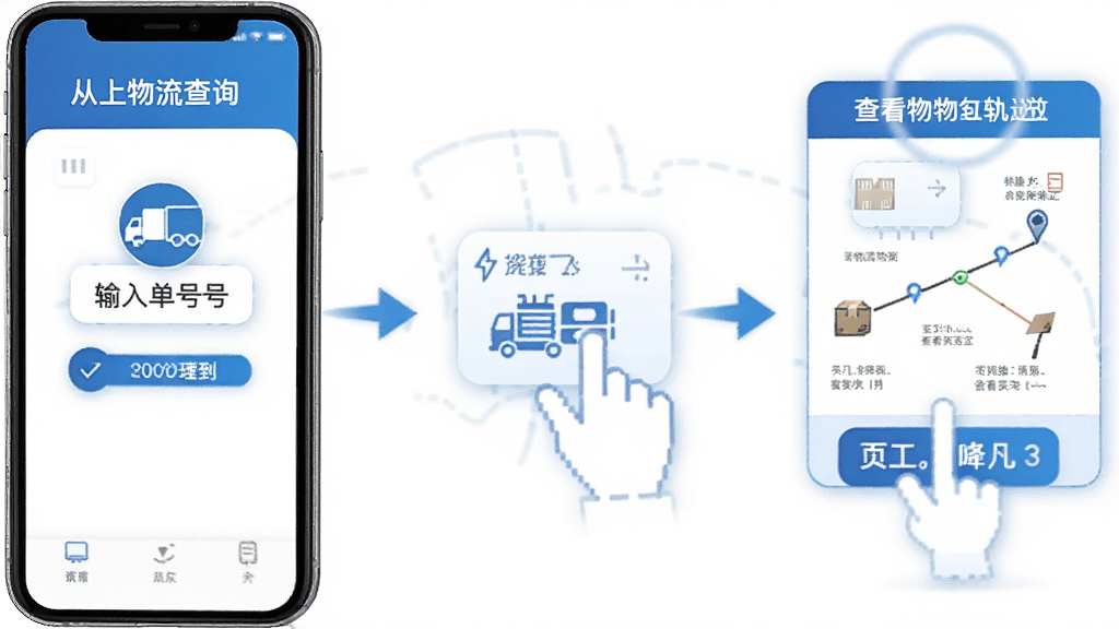 掌上物流查询软件在手机上的操作流程图,展示从输入单号到查看物流轨迹的完整步骤,界面为蓝白配色,步骤清晰,图标简洁,画面干净整洁,高画质,无多余元素