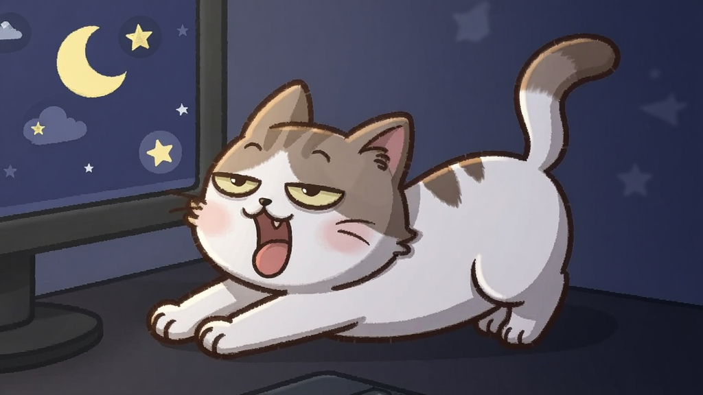 一只卡通猫咪在电脑屏幕角落做出伸懒腰和打哈欠的动作,旁边有小小的月亮和星星图标表示夜晚模式,猫咪眼睛半闭,表情慵懒,背景是深色桌面壁纸,画面温馨安静,高清画质