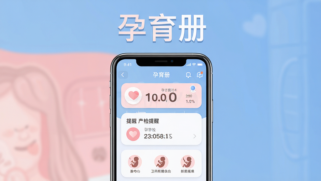 孕育册手机应用主界面展示,主体为一部智能手机,屏幕显示孕期记录仪表盘,布局为居中展示手机与界面,排版为上下结构上方写“孕育册”三个字,风格为温馨柔和的粉蓝色调扁平化UI风格,细节为界面中有孕周倒计时、产检提醒卡片、胎儿发育小图标,画质清晰干净无多余元素