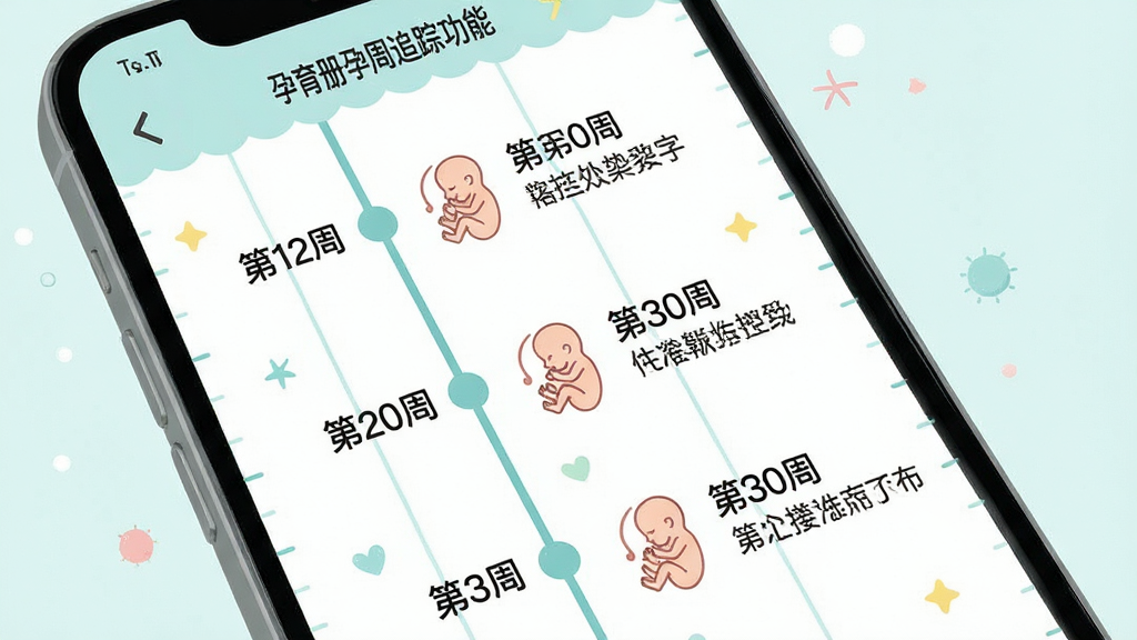 孕育册孕周追踪功能界面,主体为手机屏幕显示孕周时间轴,布局为纵向时间线贯穿画面,排版为左侧时间节点右侧文字说明,风格为清新浅色系插画风,细节为时间轴上标注“第12周”“第20周”“第30周”等节点,旁边有小胎儿轮廓和文字说明,画质清晰干净无多余元素