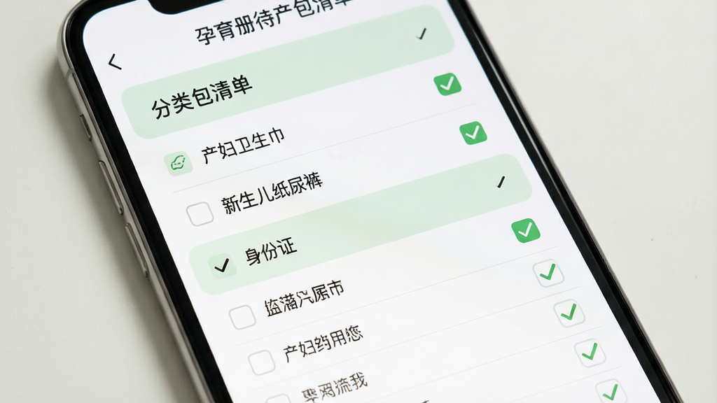 孕育册待产包清单界面,主体为手机屏幕显示勾选列表,布局为分类折叠面板,排版为清单式布局,风格为简约实用白色底色配浅绿点缀,细节为列表项如“产妇卫生巾”“新生儿纸尿裤”“身份证”等,已勾选项显示对勾,画质清晰干净无多余元素