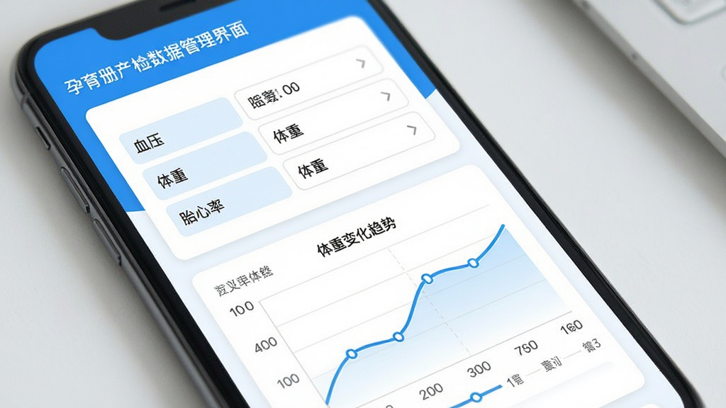 孕育册产检数据管理界面,主体为手机屏幕显示数据录入表格和曲线图,布局为上方录入区下方曲线图,排版为简洁卡片式布局,风格为医疗健康类清爽蓝白配色,细节为表格中有“血压”“体重”“胎心率”等字段,曲线图展示体重变化趋势,画质清晰干净无多余元素