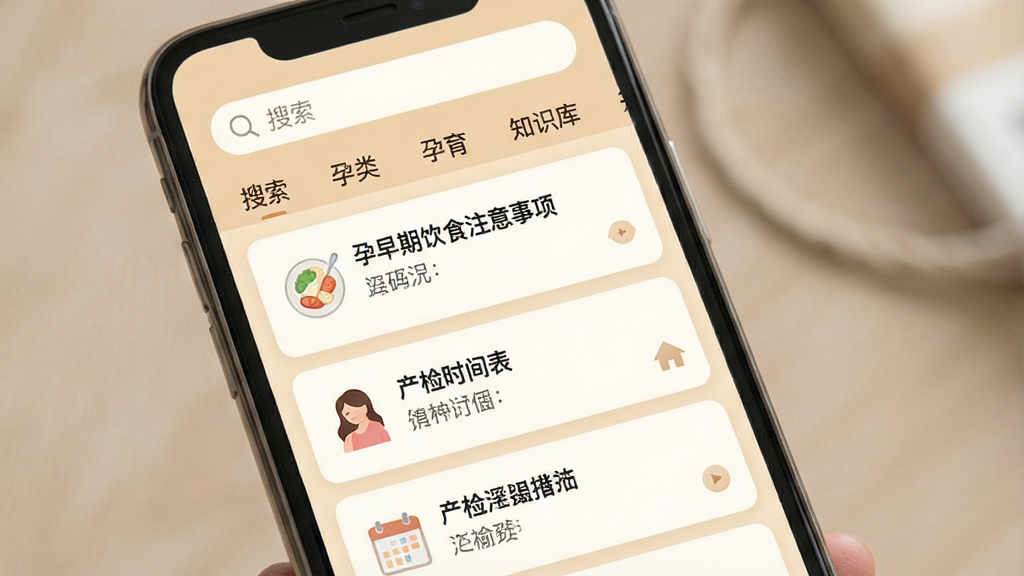 孕育册孕育知识库界面,主体为手机屏幕显示文章列表,布局为顶部搜索栏下方分类标签再下方文章卡片,排版为垂直列表式,风格为温暖米色阅读风格,细节为文章标题如“孕早期饮食注意事项”“产检时间表”等,卡片带有小图标,画质清晰干净无多余元素