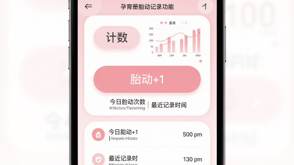 孕育册胎动记录功能界面,主体为手机屏幕显示计数按钮和统计图表,布局为中央大按钮下方历史记录列表,排版为上下结构,风格为柔和粉色系圆角卡片设计,细节为按钮上有“胎动+1”字样,下方显示今日胎动次数和最近记录时间,画质清晰干净无多余元素