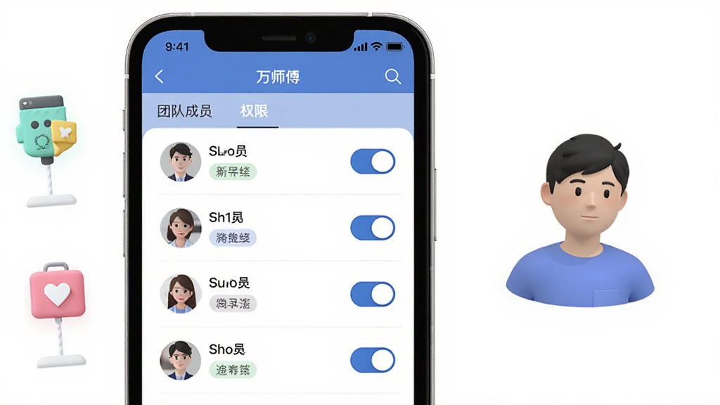 万师傅企业版团队管理界面,画面中手机屏幕显示团队成员列表与权限设置选项,旁边有虚拟角色图标,布局分栏清晰,风格扁平化,细节包括头像、角色标签、开关按钮,画质高清,干净,无多余元素