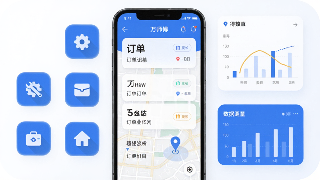万师傅企业版APP主界面展示,画面中央是手机屏幕,屏幕内呈现订单列表与地图定位,周围环绕工具图标与数据图表,布局简洁清晰,风格现代商务,细节包括蓝色主色调、圆角卡片、扁平化图标,画质高清,干净,无多余元素